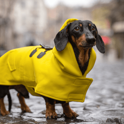 dachshund wearing a yellow jacket in rain