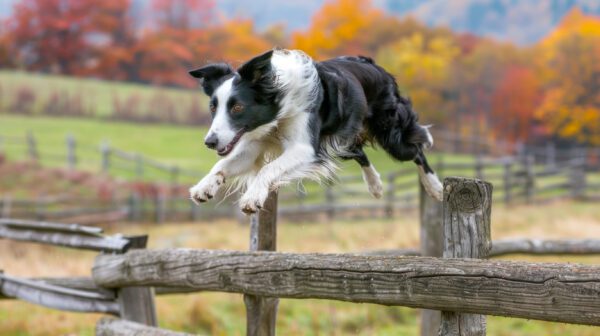 Border Collie Leaping Over Wooden Fence