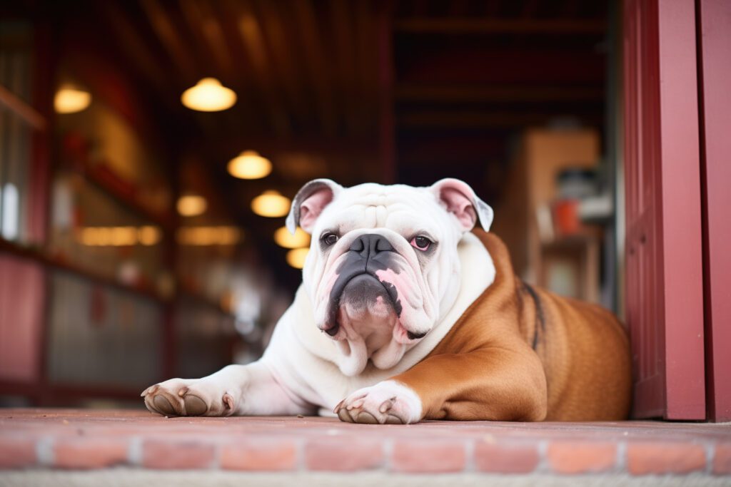 Bulldog Lounging In Front Of A Stable