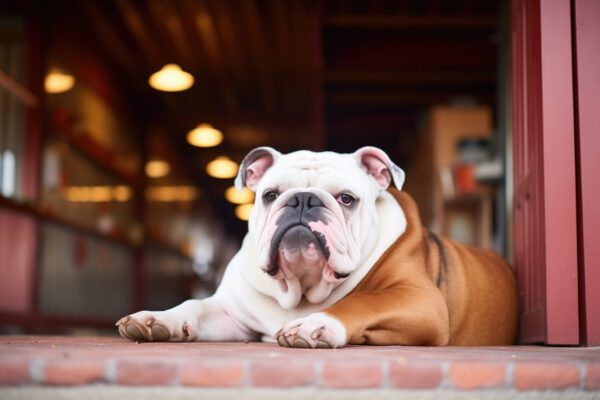Bulldog Lounging In Front Of A Stable
