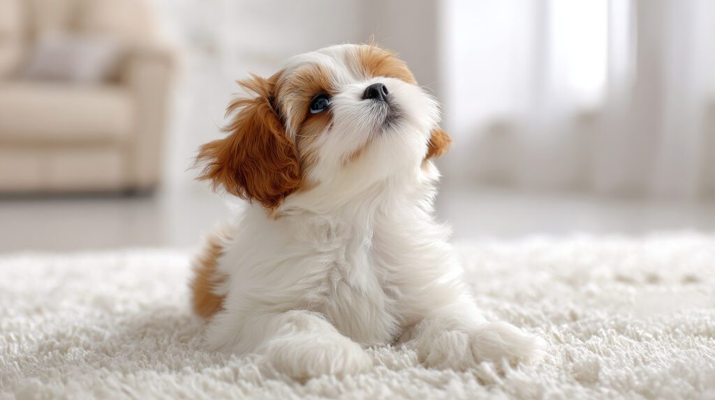 Cavachon Puppy Tilting Its Head While Sitting On A Fluffy White Carpet