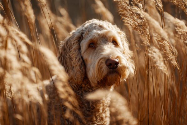 F1b Goldendoodle In A Field Of Tall, Dry Grass(1)