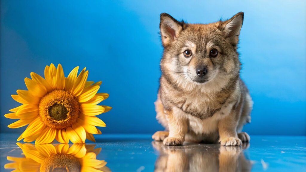 German Shepherd Husky Mix Puppy With A Sunflower