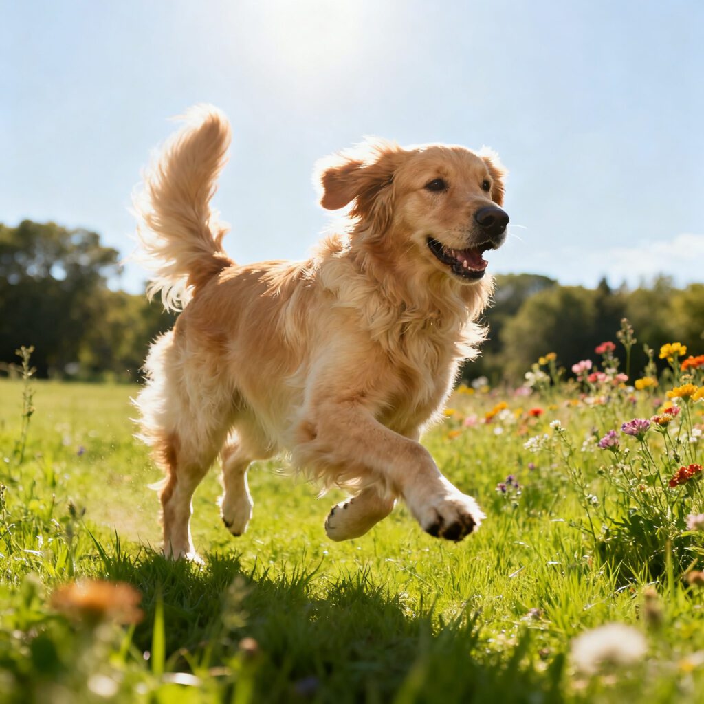 Golden Retriever Running In The Field On A Sunny Day