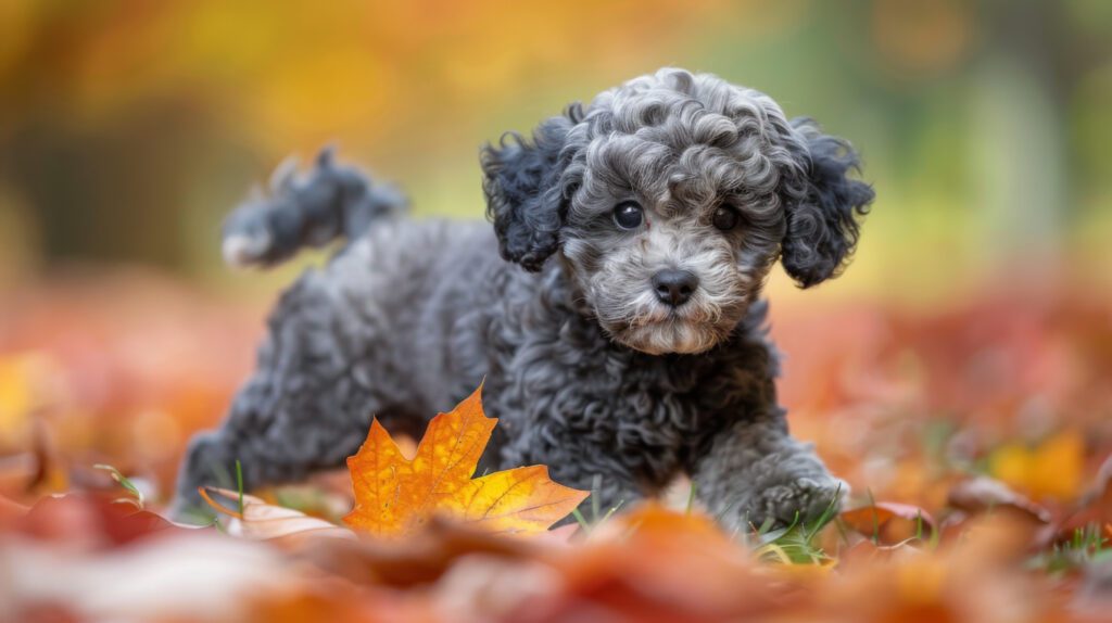 Teacup Poodle Investigating A Fallen Leaf In A Colorful Autumn Setting