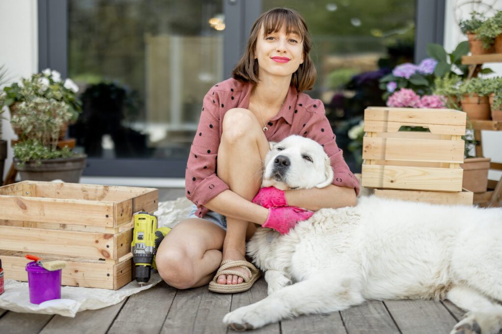 Akbash Dog Comfortably Sitting With Woman Outdoors
