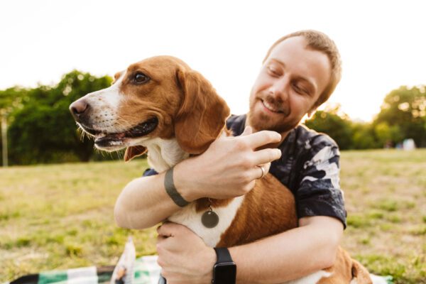 American Foxhound Being Hugged By Smiling Owner