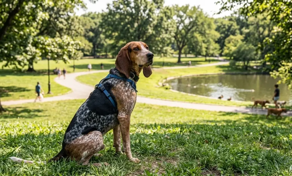 Bluetick Coonhound Sitting Near Lake In Park