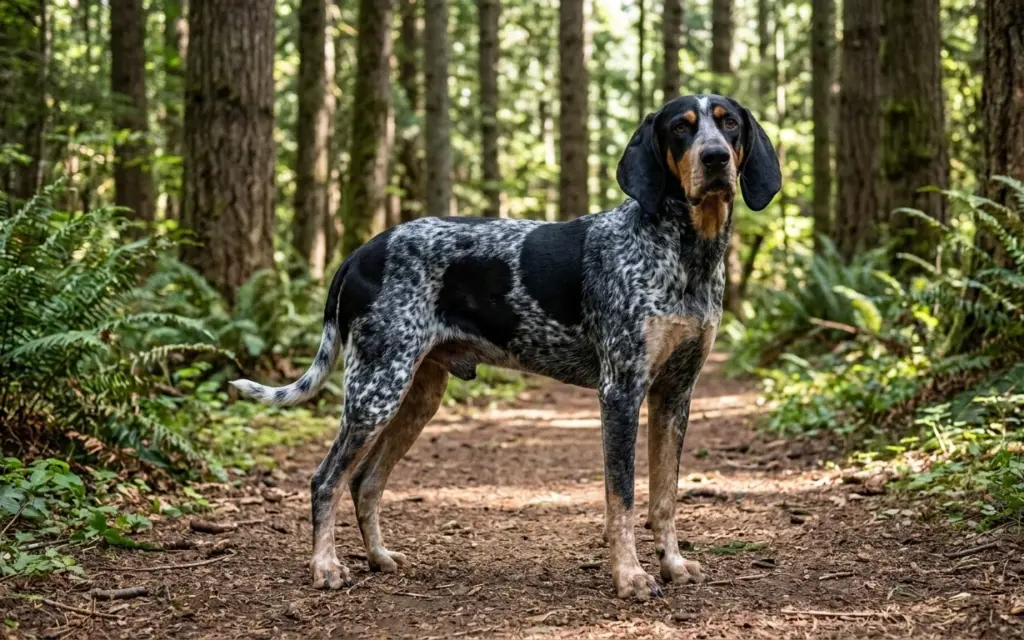 Bluetick Coonhound Standing On Forest Trail