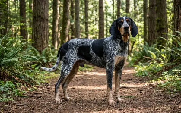 Bluetick Coonhound Standing On Forest Trail