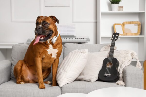 Boxer Dog Sitting On Couch Indoors Next To Small Guitar