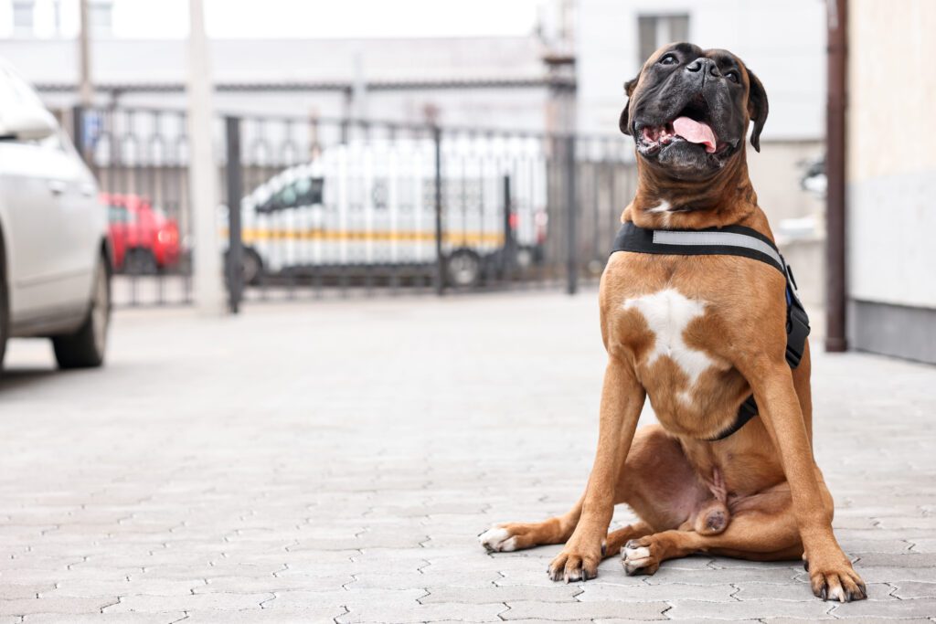 Bullmastiff Dog Sitting Outdoors Near City Street