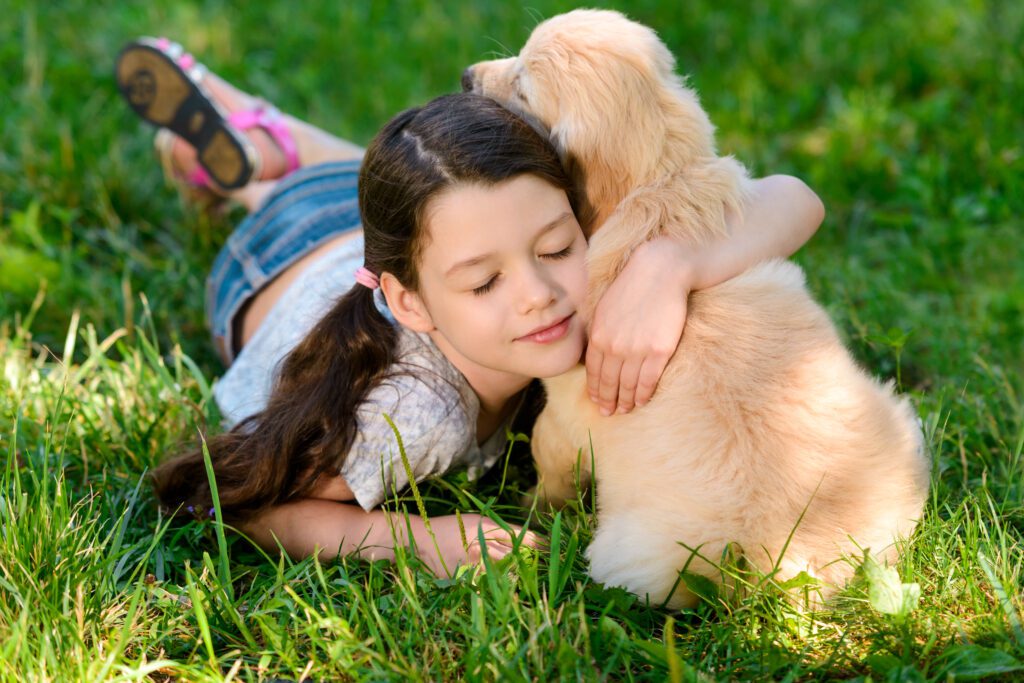 Child Hugging A Mini Golden Retriever Puppy On Grass