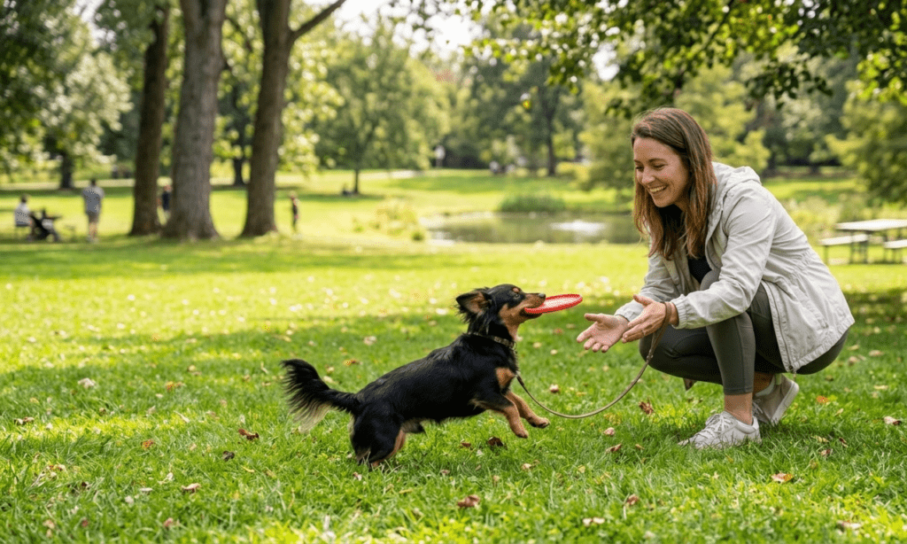 Chiweenie Playing Fetch With A Woman In A Green Park
