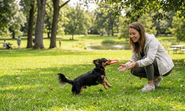 Chiweenie Playing Fetch With A Woman In A Green Park