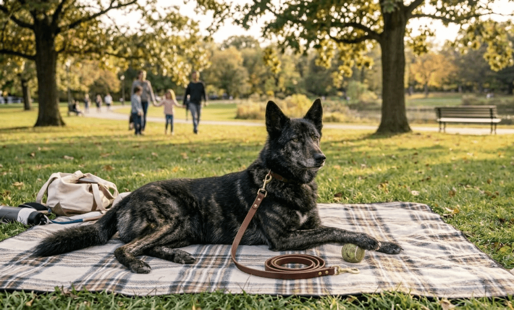 Coydog Lying On A Blanket In A Park With People Walking In The Background