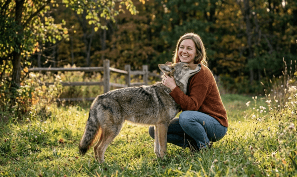 Coydog Standing Beside A Smiling Woman In A Park