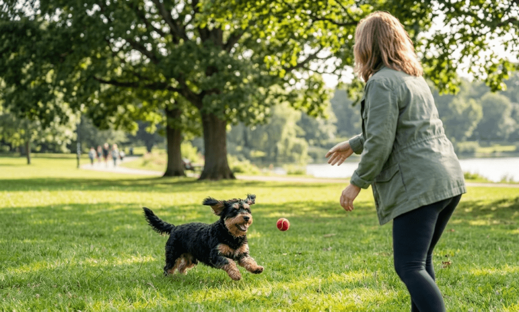Doxiepoo Running Toward Its Owner While Playing Fetch In A Park