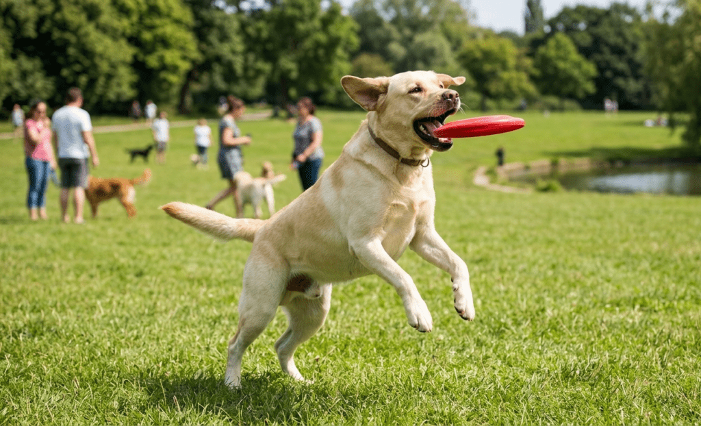 English Labrador Jumping To Catch A Frisbee In A Park
