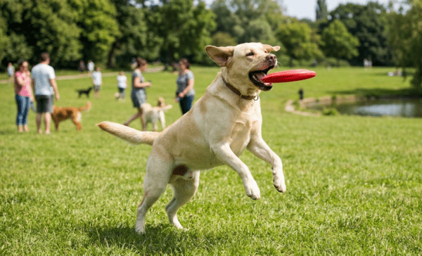 English Labrador Jumping To Catch A Frisbee In A Park