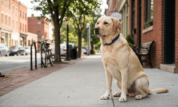 English Labrador Sitting On A Sidewalk In A City Street