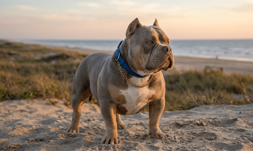 Exotic Bully Standing On A Coastal Path With The Ocean In The Background