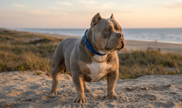 Exotic Bully Standing On A Coastal Path With The Ocean In The Background
