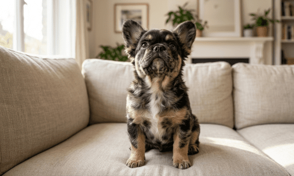 Fluffy Frenchie Puppy Sitting On A Couch Indoors