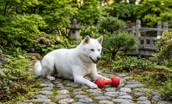 Hokkaido Dog Lying On A Garden Path With Red Toys