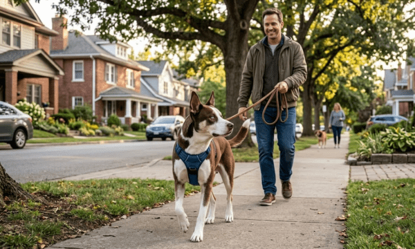 Husky Pitbull Mix Walking On A Leash With Its Owner On A Suburban Street