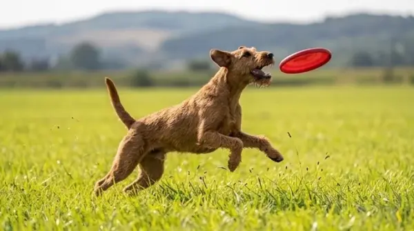 Irish Terrier Jumping To Catch A Flying Frisbee In A Field