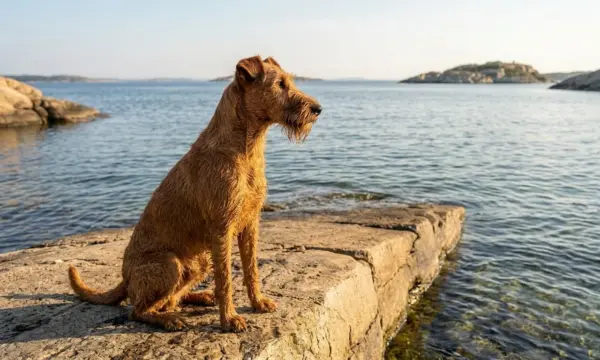 Irish Terrier Sitting On A Stone Pier By The Water