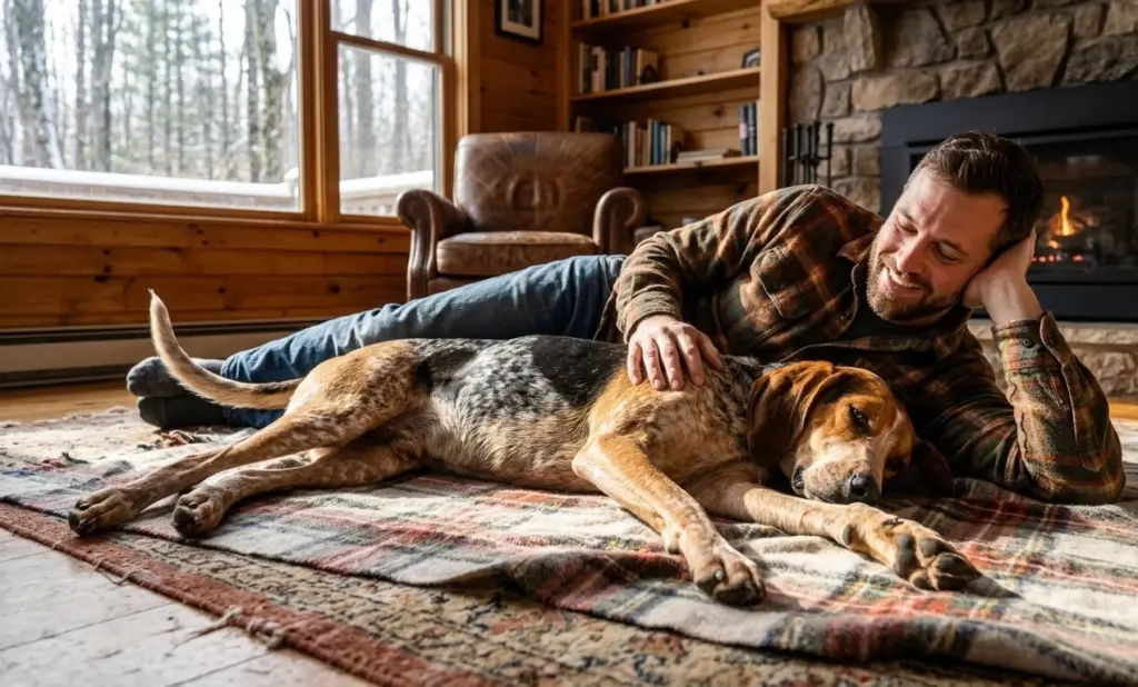 Man Relaxing With Bluetick Coonhound Lying On Wooden Floor
