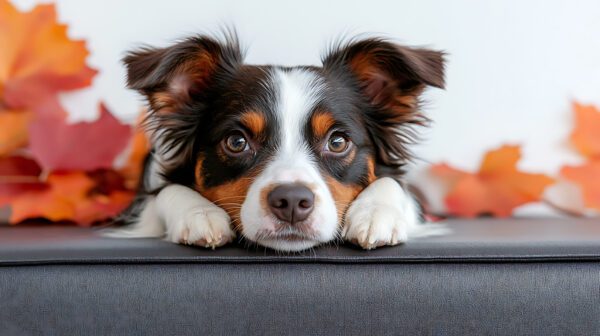 Mini Australian Shepherd Resting Its Head On A Surface