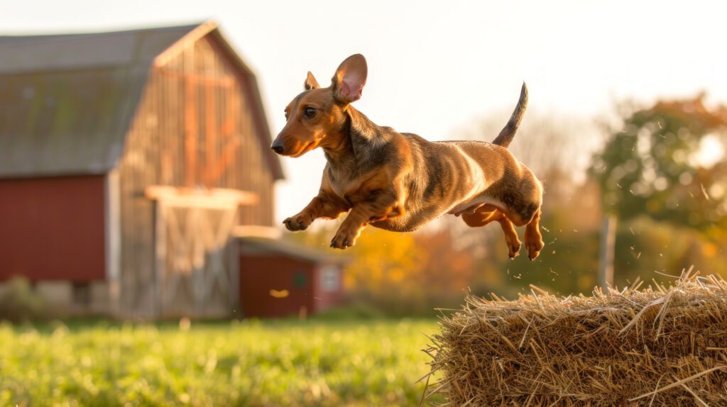 Miniature Dachshund Jumping In A Rural Field