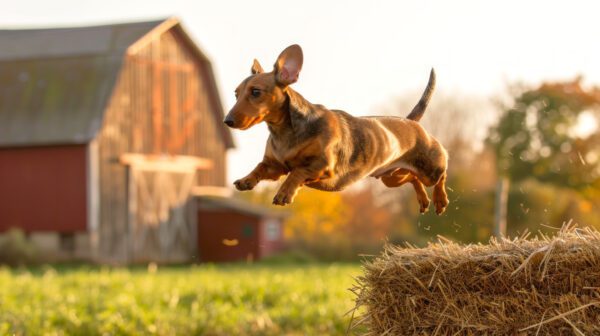 Miniature Dachshund Jumping In A Rural Field