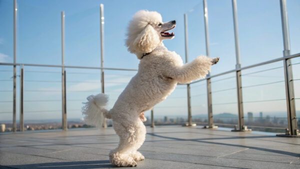 Moyen Poodle Standing On Hind Legs By Waterfront Railing