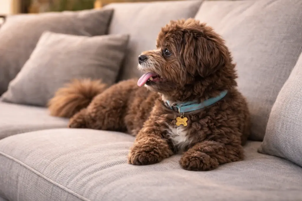 Pomapoo Dog Lying On Couch Looking Sideways