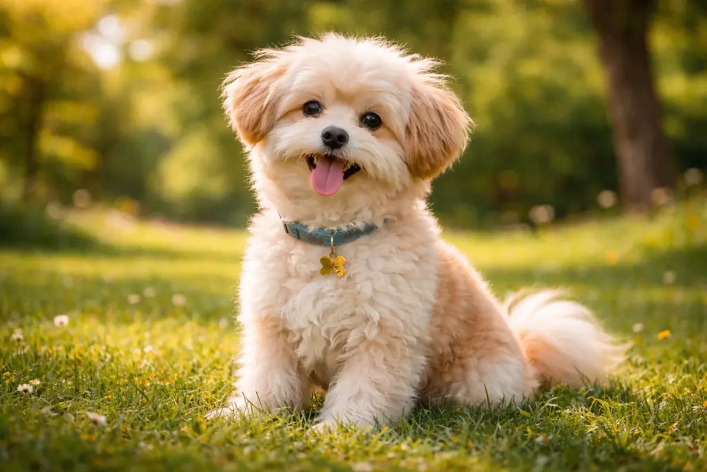 Pomapoo Dog Sitting On Grass In Sunny Park