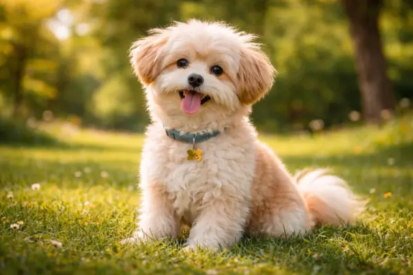 Pomapoo Dog Sitting On Grass In Sunny Park