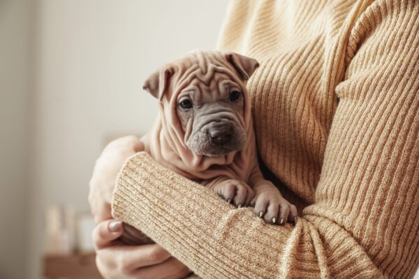 Shar Pei Puppy Sitting On Its Owner Arms