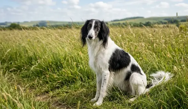 Silken Windhound Sitting In Tall Grass Field