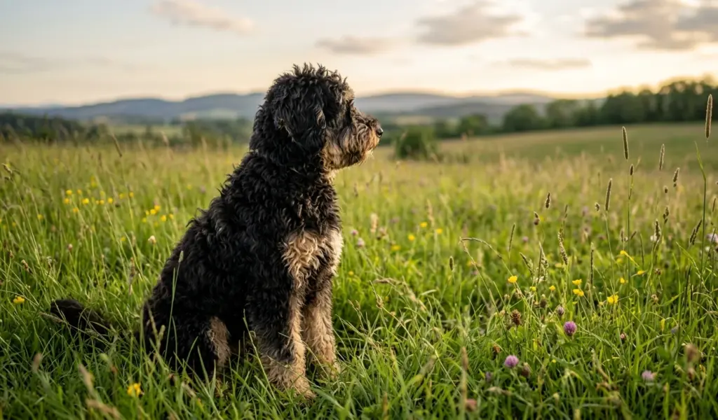 Whoodle Sitting In Grassy Field Outdoors