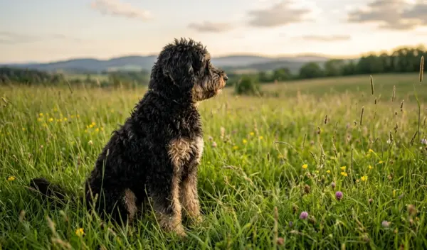 Whoodle Sitting In Grassy Field Outdoors