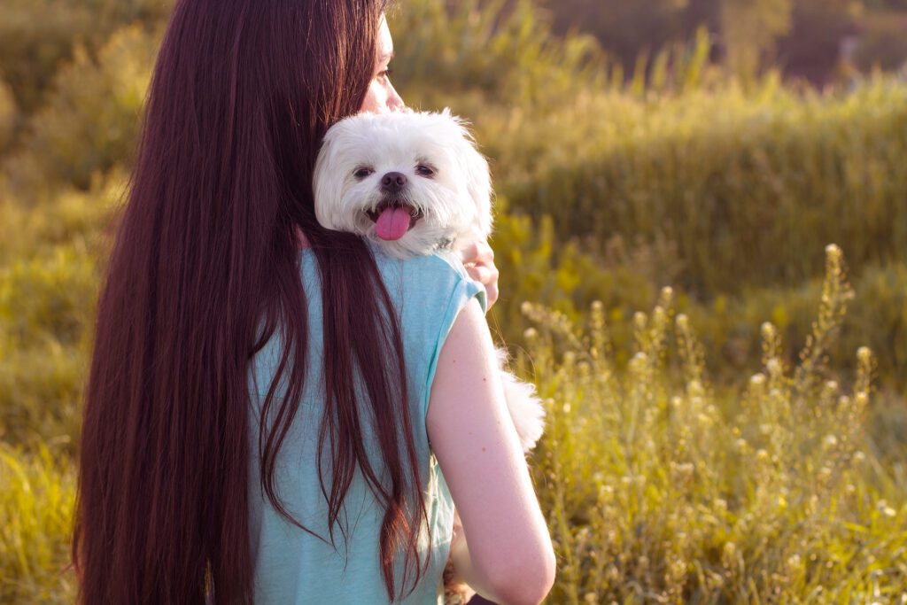 Woman Holding Bichon Frise Outdoors