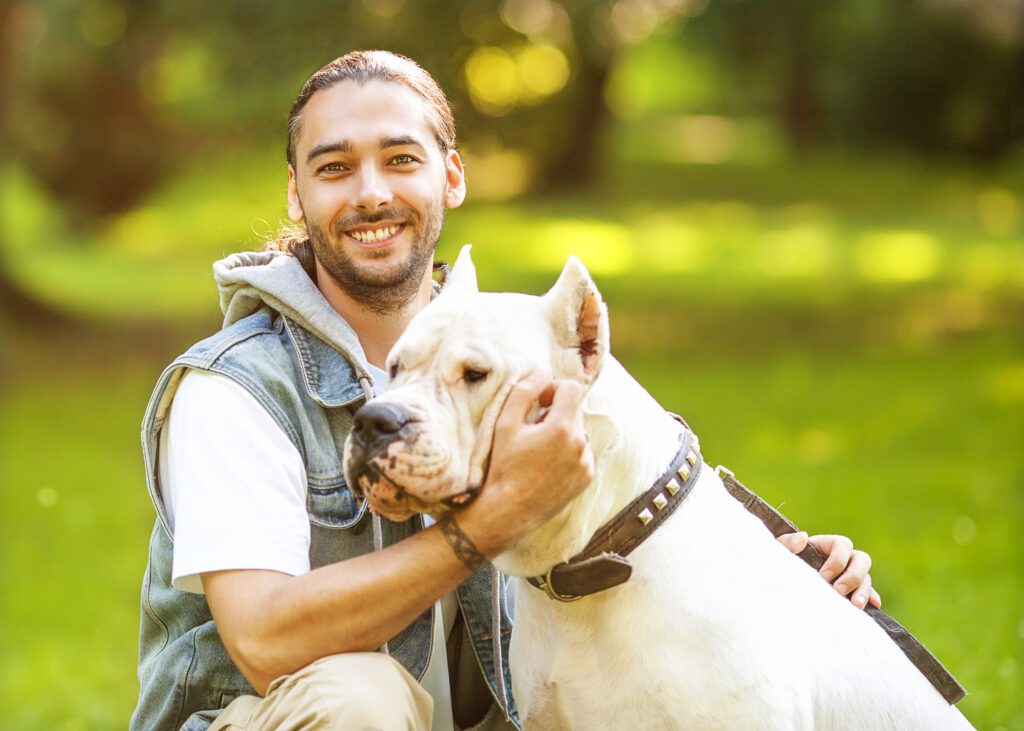 Breed Dogo Argentino Being Held By A Smiling Man In A Sunny Park