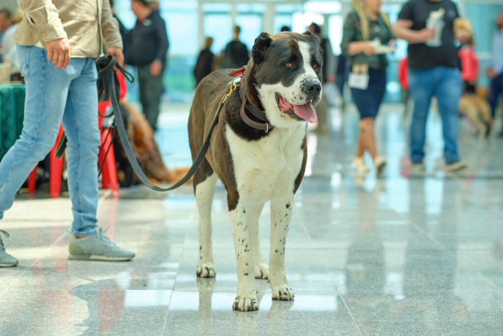 Central Asian Shepherd Walking On A Leash Indoors At A Dog Show Event