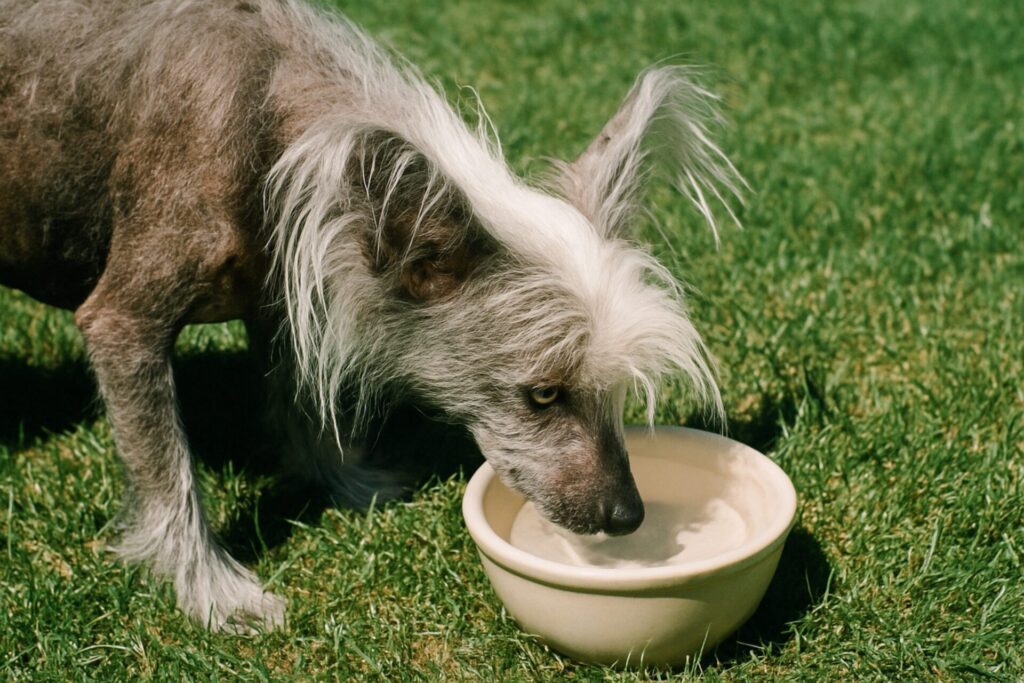 Chinese Crested Dog Drinking Water