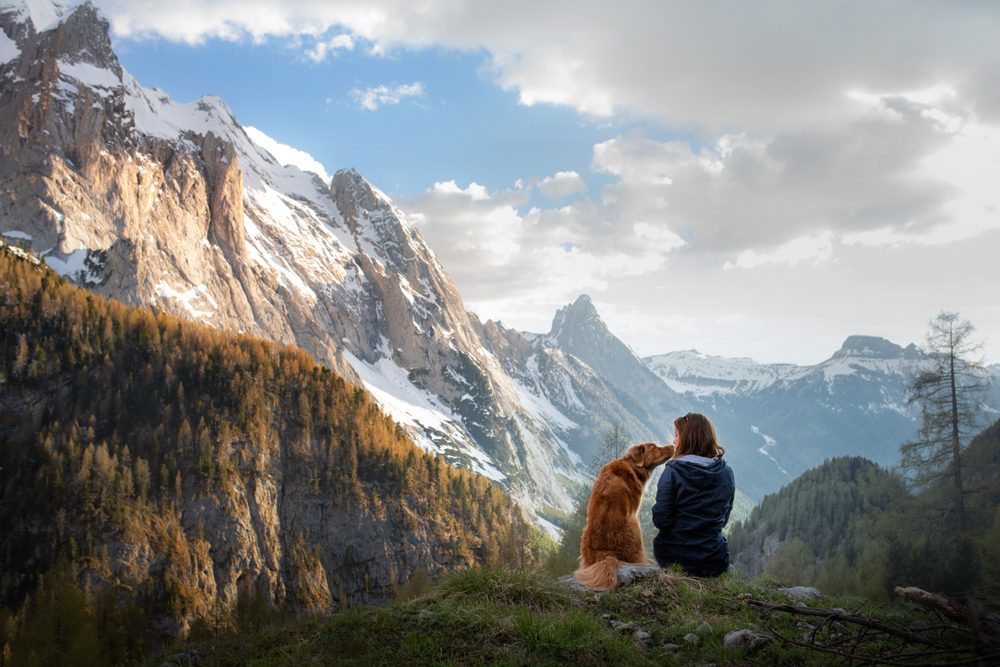 A woman and dog sit on a mountain