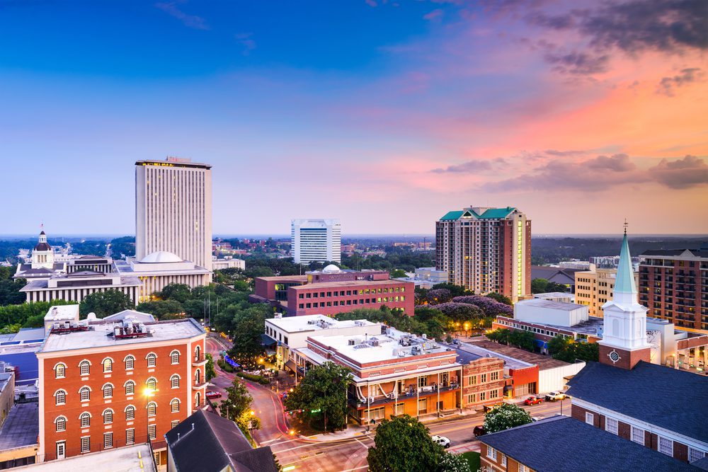 downtown Tallahassee skyline at sunset